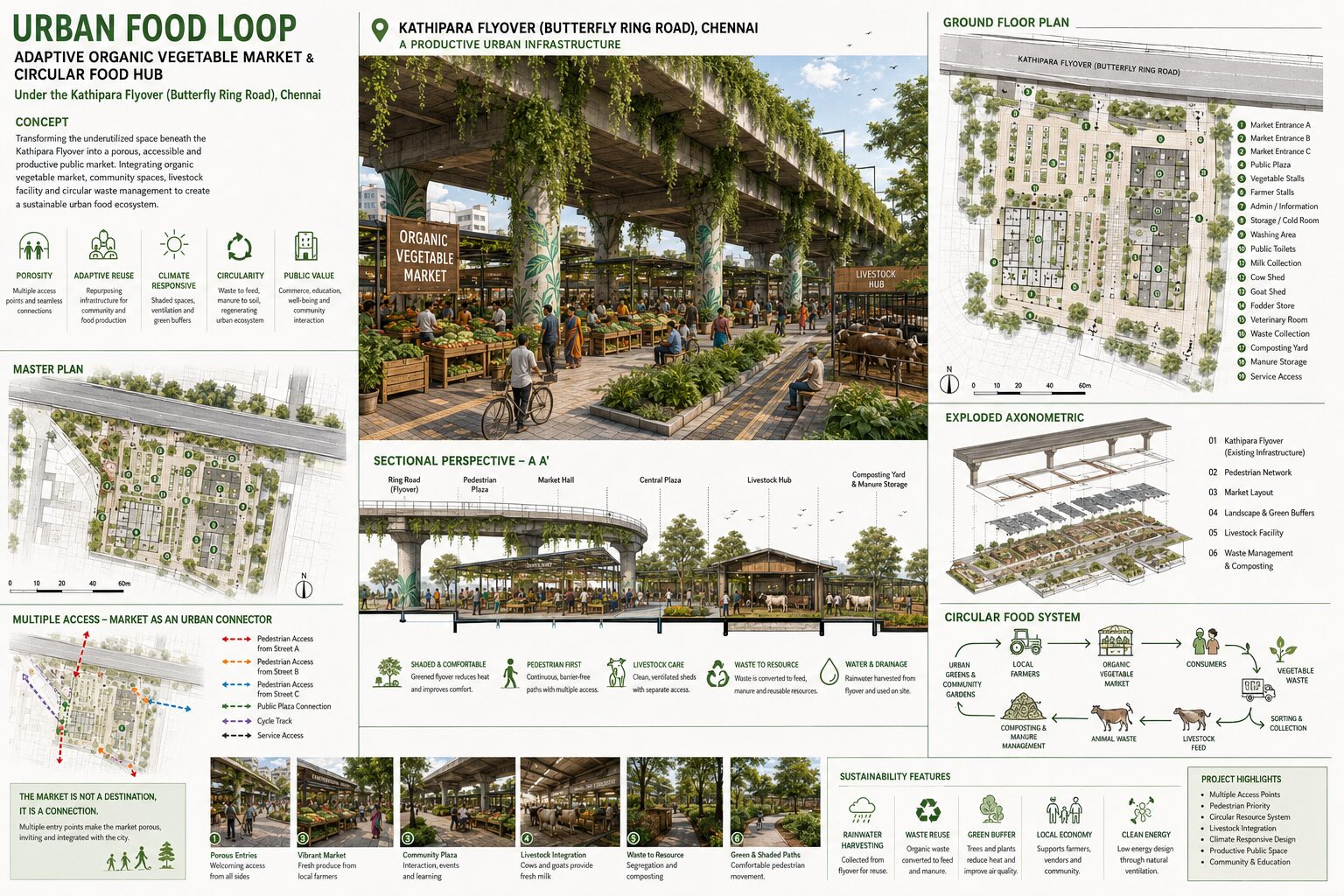 Urban Food Loop &ndash; aerial view of the adaptive organic market proposal in Chennai